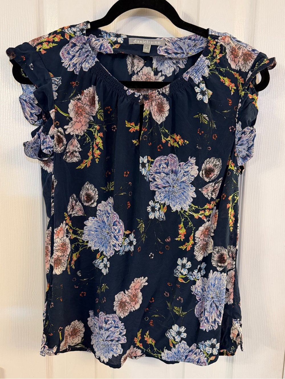 Daniel Rainn 100% Silk Navy Floral Ruffle Sleeve Blouse Size S